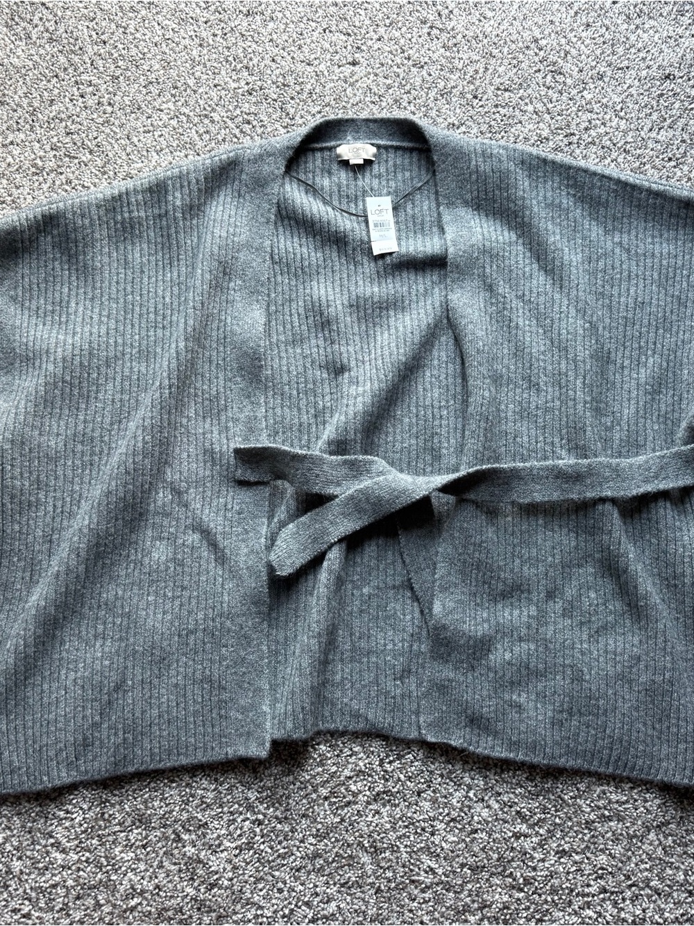 LOFT Gray Ribbed Belted Open-Front Cardigan